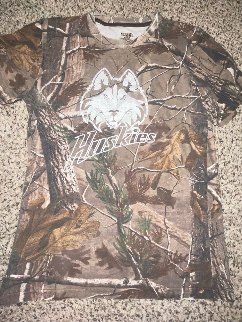 Russell Athletic Brown Camo Huskies Short Sleeve Tee with White Logo